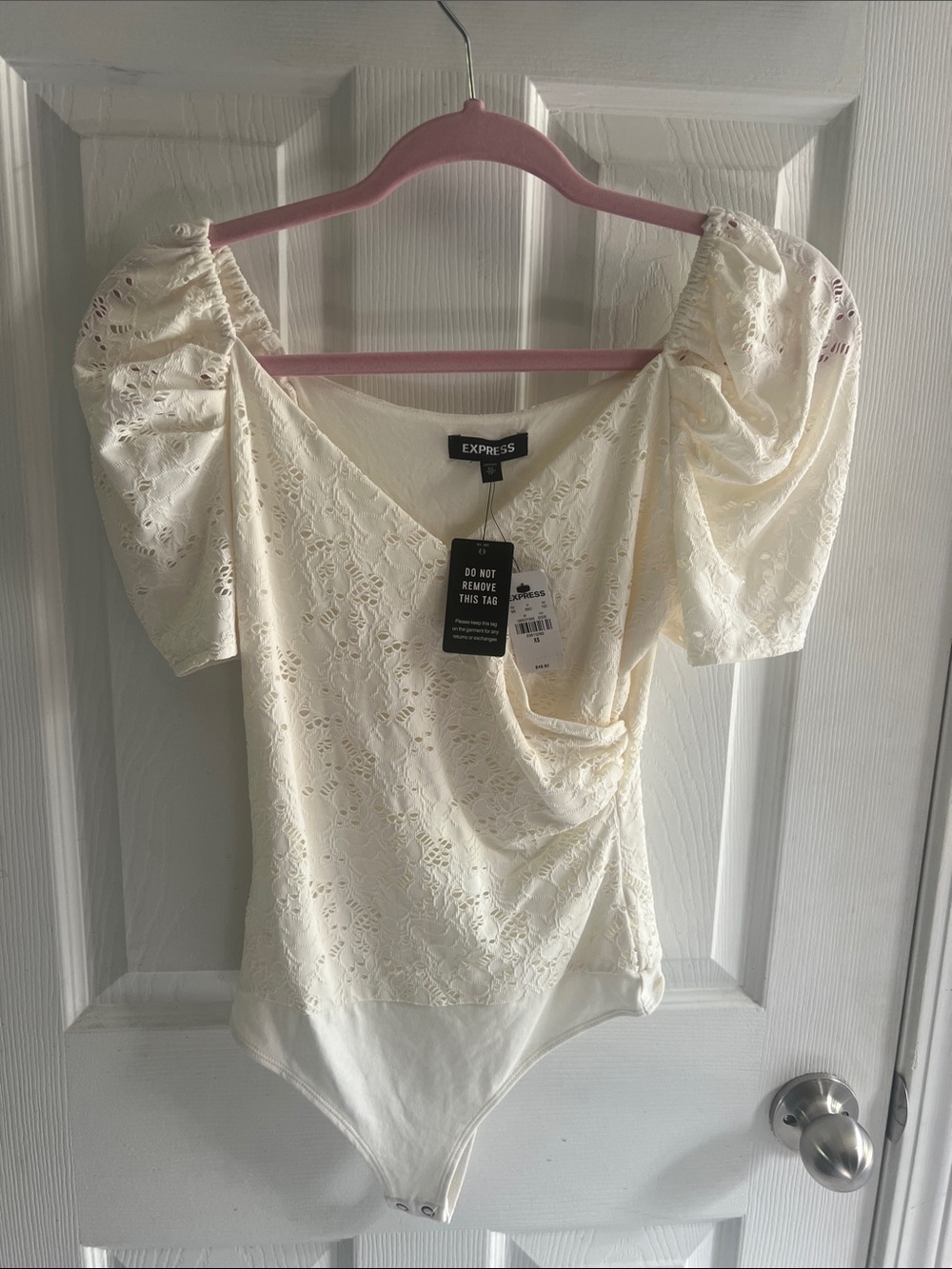 Express Ivory Lace Puff-Sleeve Bodysuit